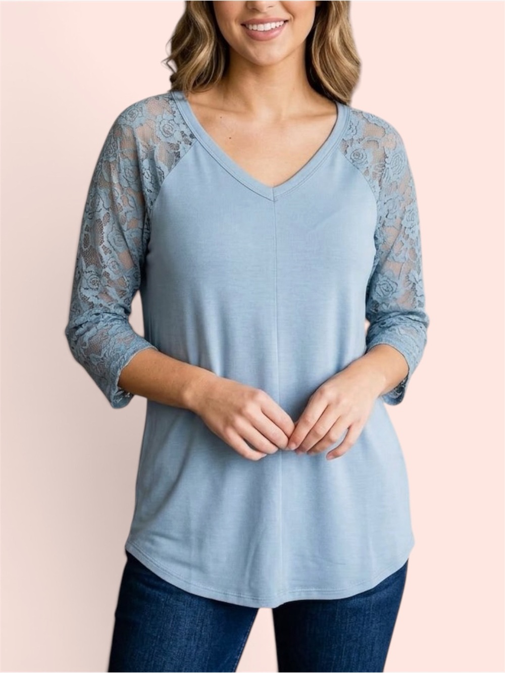🎯 Zenana Outfitters Blue Lace Sleeve Top NWOT